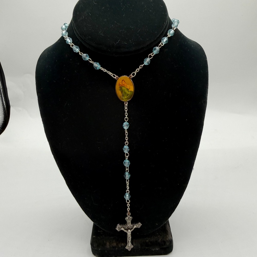 Light Blue Crystal Bead Rosary Silver Tone Madonna Child Medal Crucifix 20 Inch